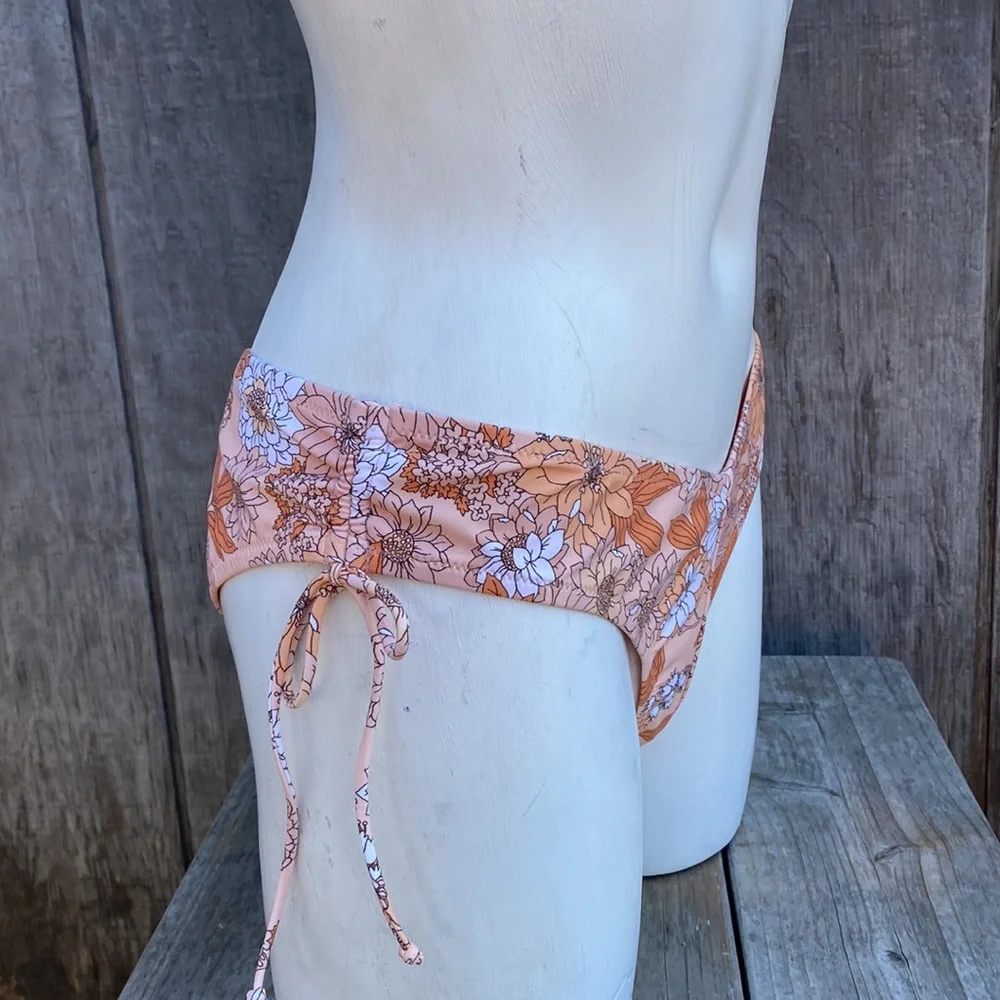 J Crew Orange Floral Side Tie Ruching Hipster Bikini Bottoms Size S NWT